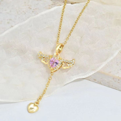 Cupid's Embrace: Angel Wings Tassel Necklace with Crystal Clavicle Chain