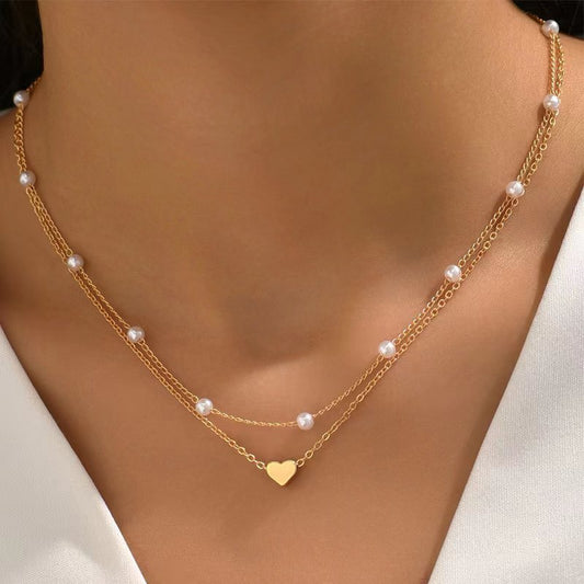 Pearl Harmony: Double Layer Twin Heart Necklace with Special-interest Design