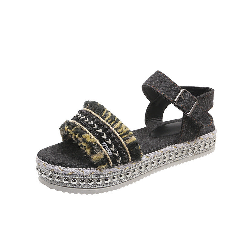 Summer Chic: Women's Ethnic Style Denim Sandals with Tassel Detailing and Thick Sole - Elevate Your Fashion Game!