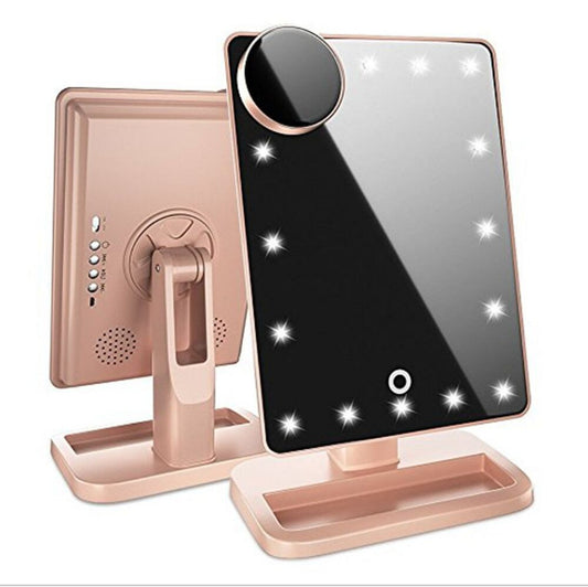 TechGlow: Touch Screen Makeup Mirror with 20 LED Lights, Bluetooth Music Speaker, and 10X Magnification