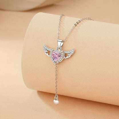 Cupid's Embrace: Angel Wings Tassel Necklace with Crystal Clavicle Chain