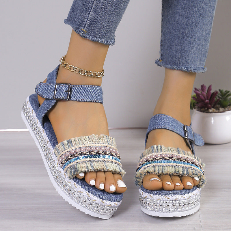 Summer Chic: Women's Ethnic Style Denim Sandals with Tassel Detailing and Thick Sole - Elevate Your Fashion Game!