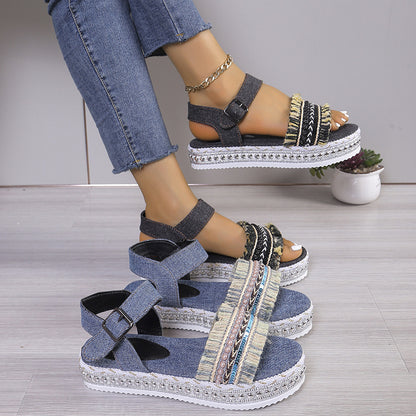 Summer Chic: Women's Ethnic Style Denim Sandals with Tassel Detailing and Thick Sole - Elevate Your Fashion Game!