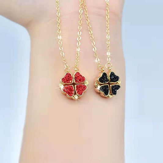 Eternal Love: Red and Black Clover Pendant Necklace with Diamond Accents, Fade-Resistant