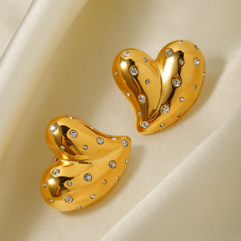 Glamorous Adornments: 18K Gold Stainless Steel Love Heart Earrings with White Diamond Inlay