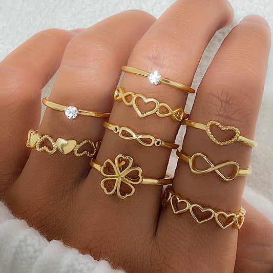 Vintage Gold Heart Rings Set: 9-Piece Collection Featuring Hollow Irregular Geometric and Butterfly Designs, Perfect Fashion Jewelry Accessories Gift for Women