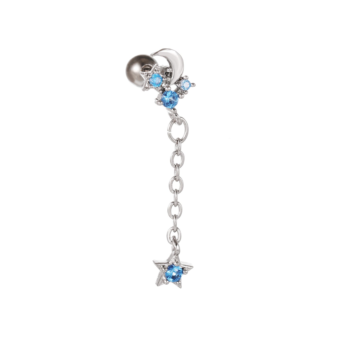 Starry Nights: Stainless Steel Chain Hoop Earring with Moon & Star CZ Pendant