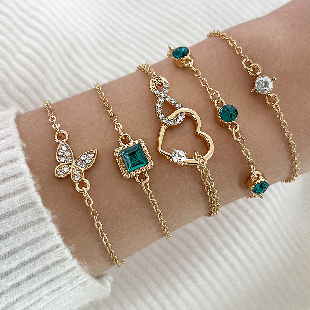 Verdant Bohemian Ensemble: 5-Piece Green Crystal Bracelets Set, Including Heart-Shaped Wedding Engagement Bracelet - Fashion Jewelry for Women