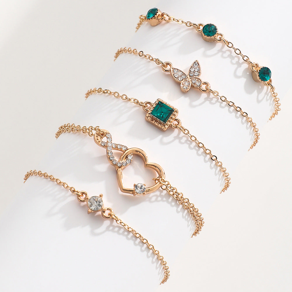 Verdant Bohemian Ensemble: 5-Piece Green Crystal Bracelets Set, Including Heart-Shaped Wedding Engagement Bracelet - Fashion Jewelry for Women