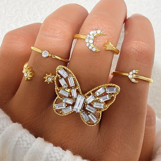 Butterfly Whispers: Vintage Geometric Metal Couple Finger Rings Set