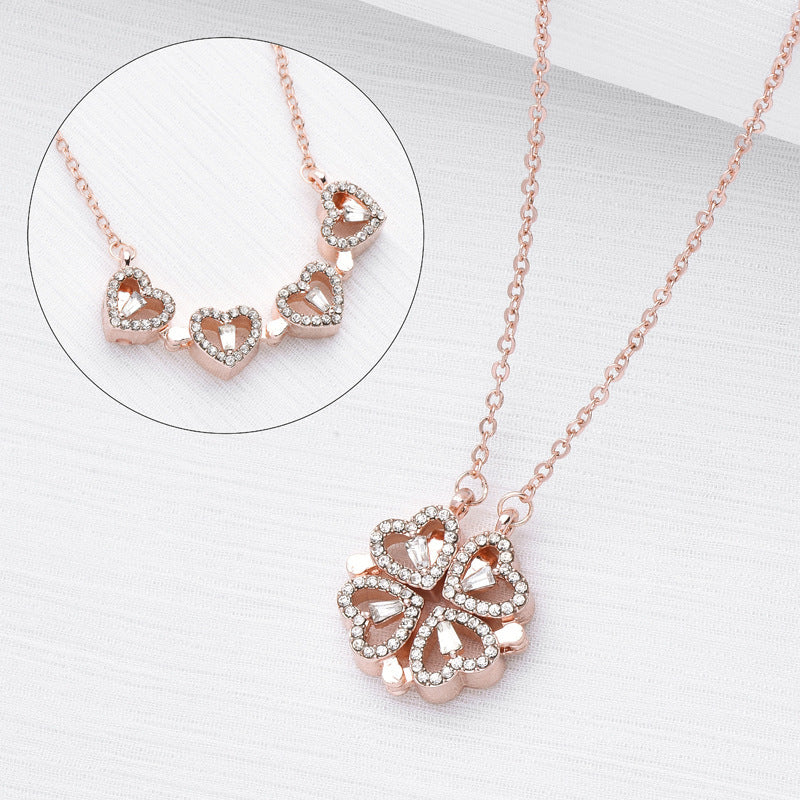 Heartfelt Nostalgia: Retro Magnetic Folding Heart-Shaped Four Leaf Clover Pendant Necklace