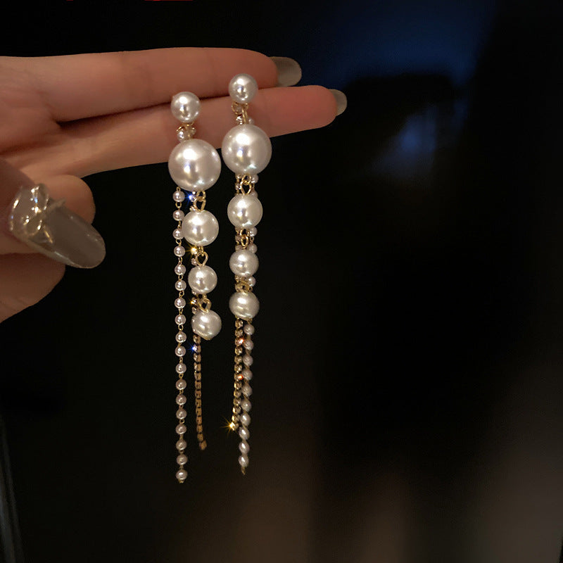 Radiant Elegance: 925 Silver Needle Pearl Tassel Long Earrings