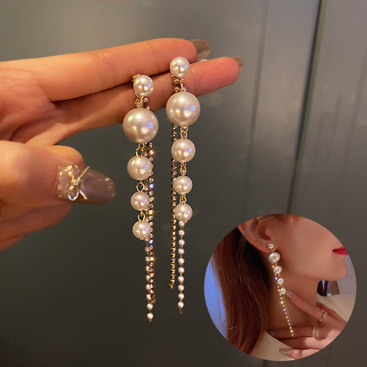 Radiant Elegance: 925 Silver Needle Pearl Tassel Long Earrings