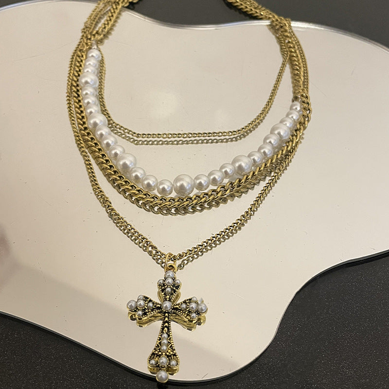 Divine Layers: Pearl Cross Pendant Clavicle Chain Necklace