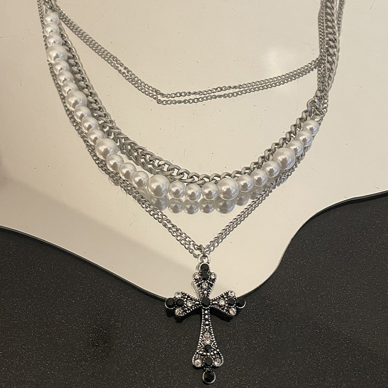 Divine Layers: Pearl Cross Pendant Clavicle Chain Necklace