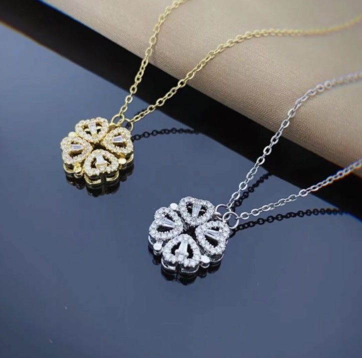 Heartfelt Nostalgia: Retro Magnetic Folding Heart-Shaped Four Leaf Clover Pendant Necklace