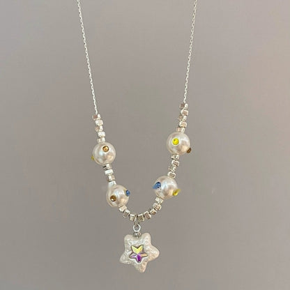 Stellar Spectrum: Women's Colorful Five-Pointed Star Pearl Necklace