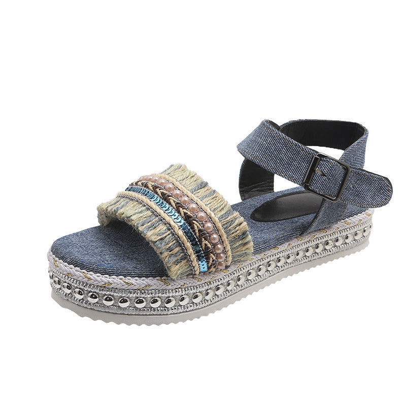 Summer Chic: Women's Ethnic Style Denim Sandals with Tassel Detailing and Thick Sole - Elevate Your Fashion Game!