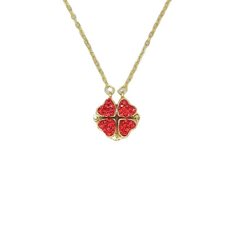 Eternal Love: Red and Black Clover Pendant Necklace with Diamond Accents, Fade-Resistant